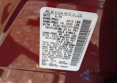 2006 Nissan Murano S z USA, uszkodzony, nr VIN JN8AZ08T96W424831